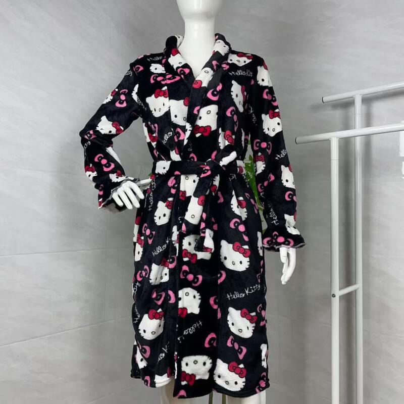 Bathrobe - ナイトガウン ハローキティ 新しい秋冬暖かいミッドレングスバスローブ女性用暖かいパジャマホーム服はローブの外でも着用可能